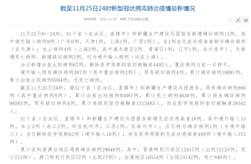 截至11月26日国内最新疫情动态分析报告